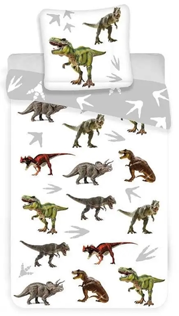 Se Junior sengetøj 100x140 cm - junior dinosaurer sengesæt - 2 i 1 design - 100% bomuld hos Dynezonen.dk